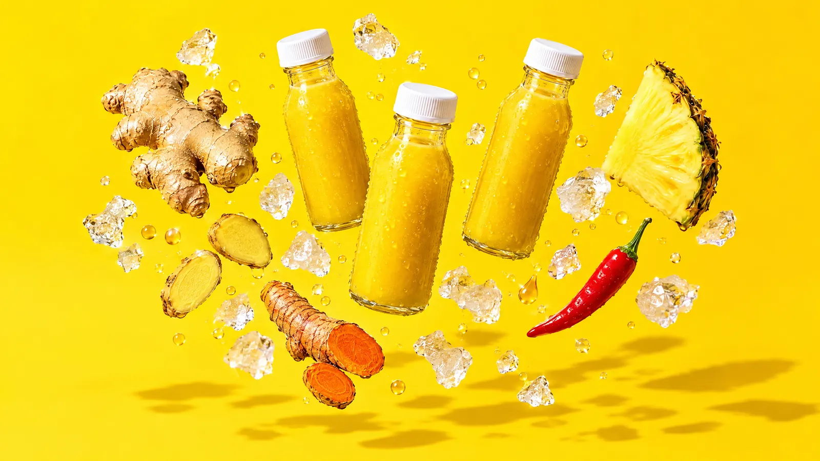 Three FUEL shots floating in zero gravity with ginger, turmeric, pineapple, a red chili and ice (illustrative)