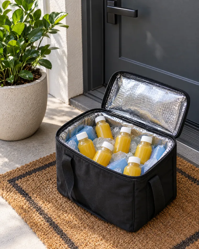 Cooler bag with ginger shots on ice at an apartment door (illustrative)